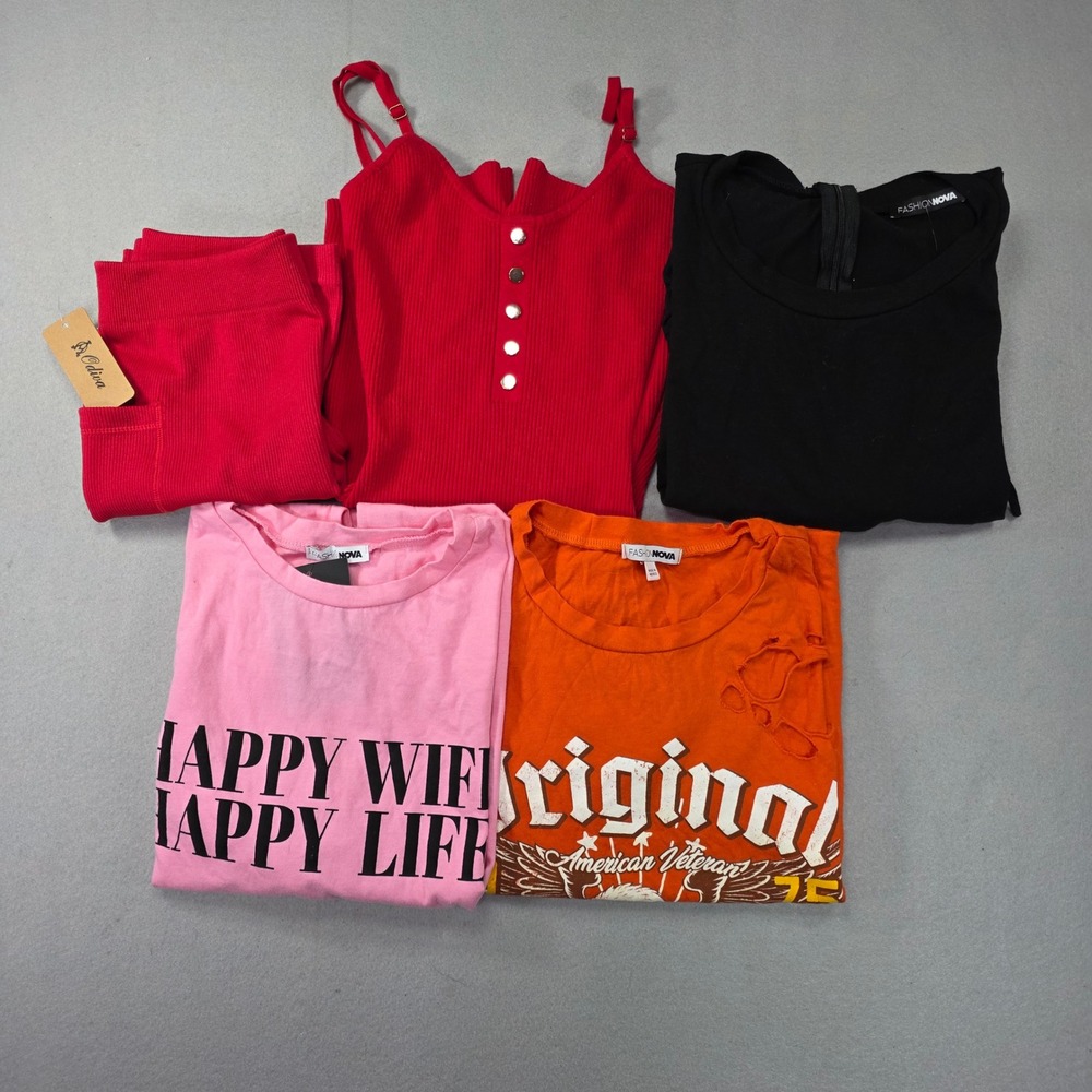 Fashion Nova Women Graphic Tees Rompers Leggings Lot 5pc Pink Black Red XS New